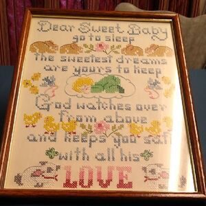 Framed Baby Cross Stitch Art 11 1/2 X 14 1/2 inches Framed w/ Glass Cottagecore